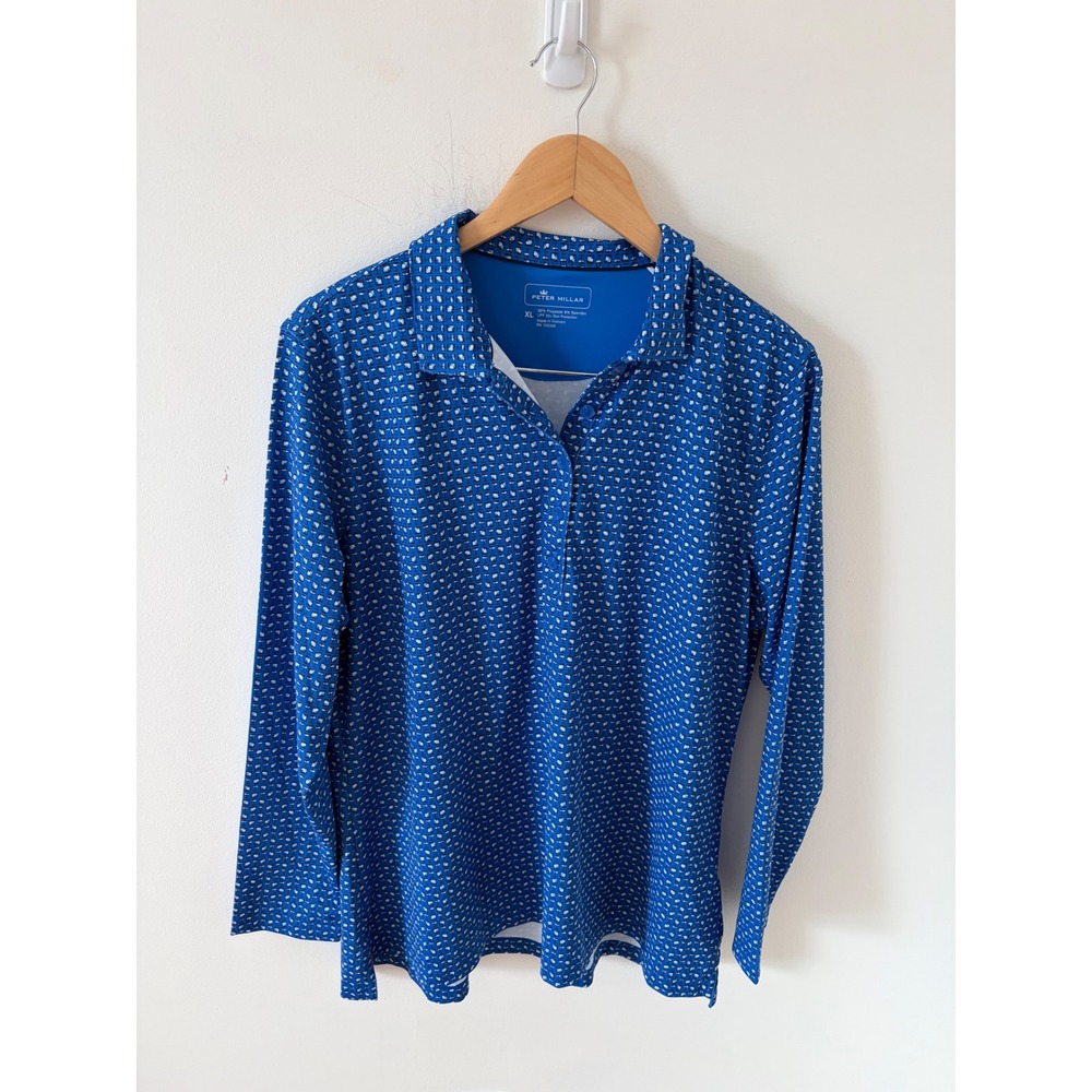Peter Millar Blue Martini Glass Print Long Sleeve Performance Polo Shirt XL